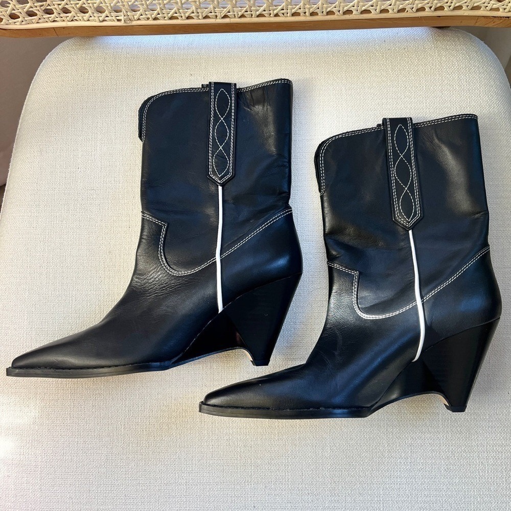 Zara Black Leather Western Boots Sculptural Wedge Heel Sz 7 SRPLS - Picture 5 of 11